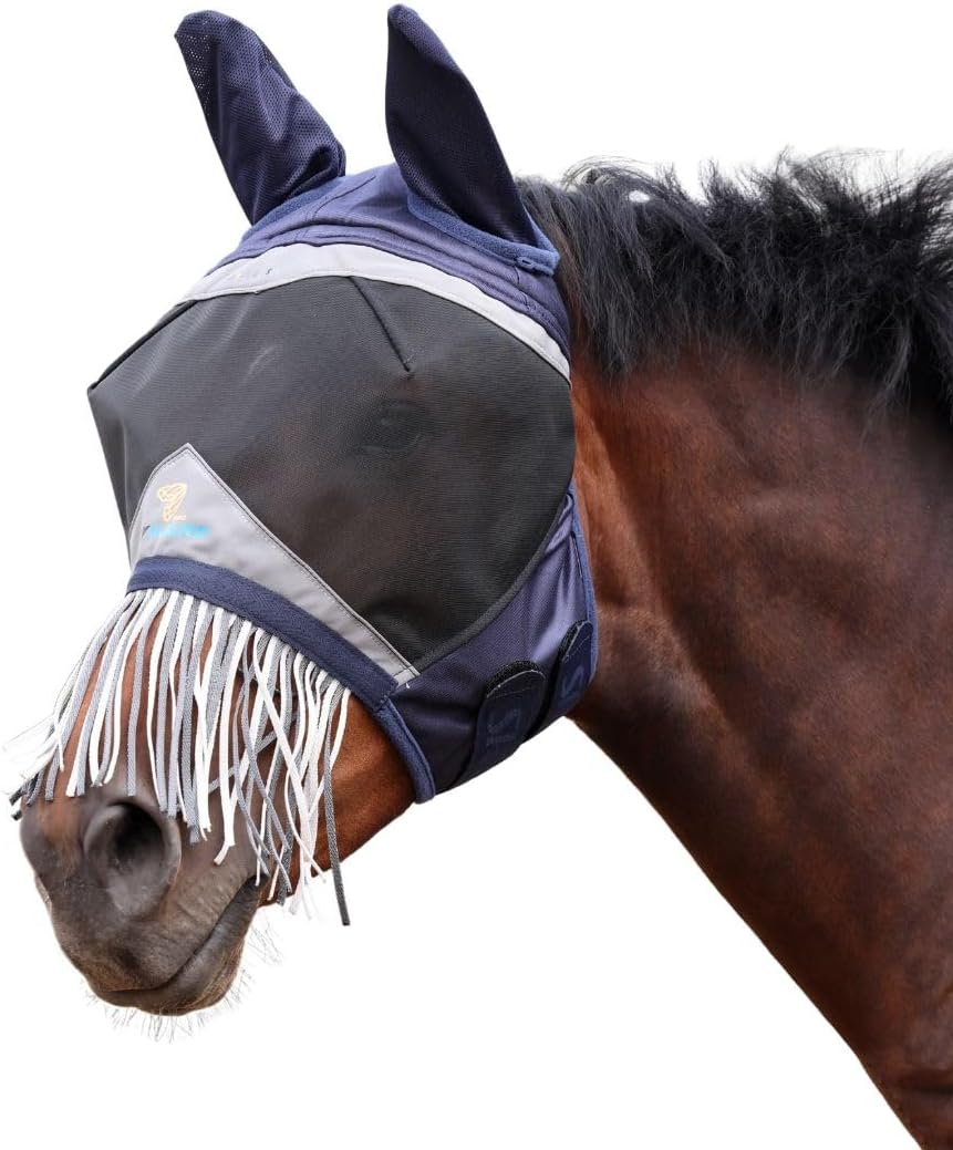 Shires FlyGuard Pro Fine Mesh Fly Mask in Navy front view with nose fringe