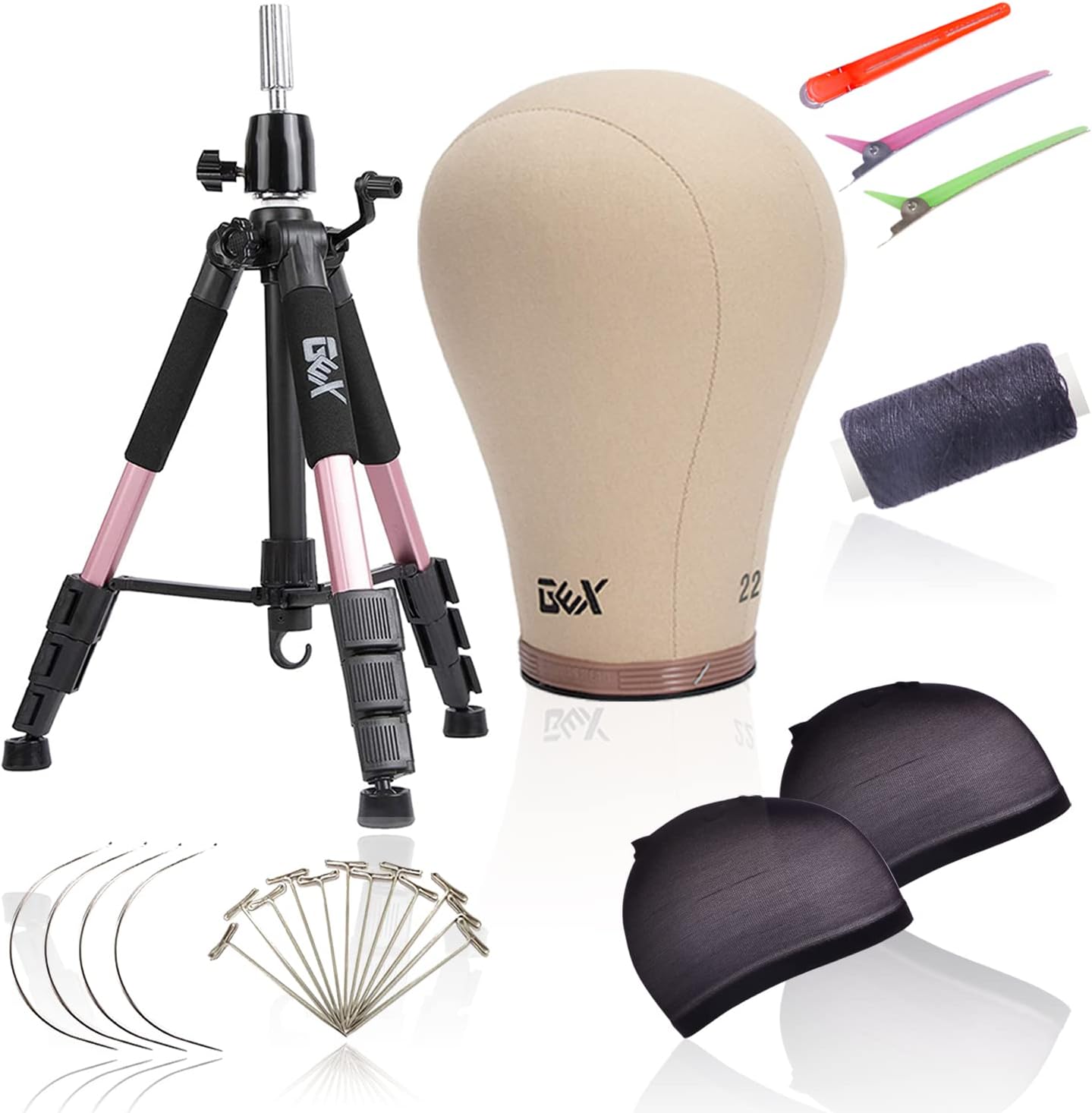 GEX canvas cork wig head with tripod stand front view for cosmetology styling