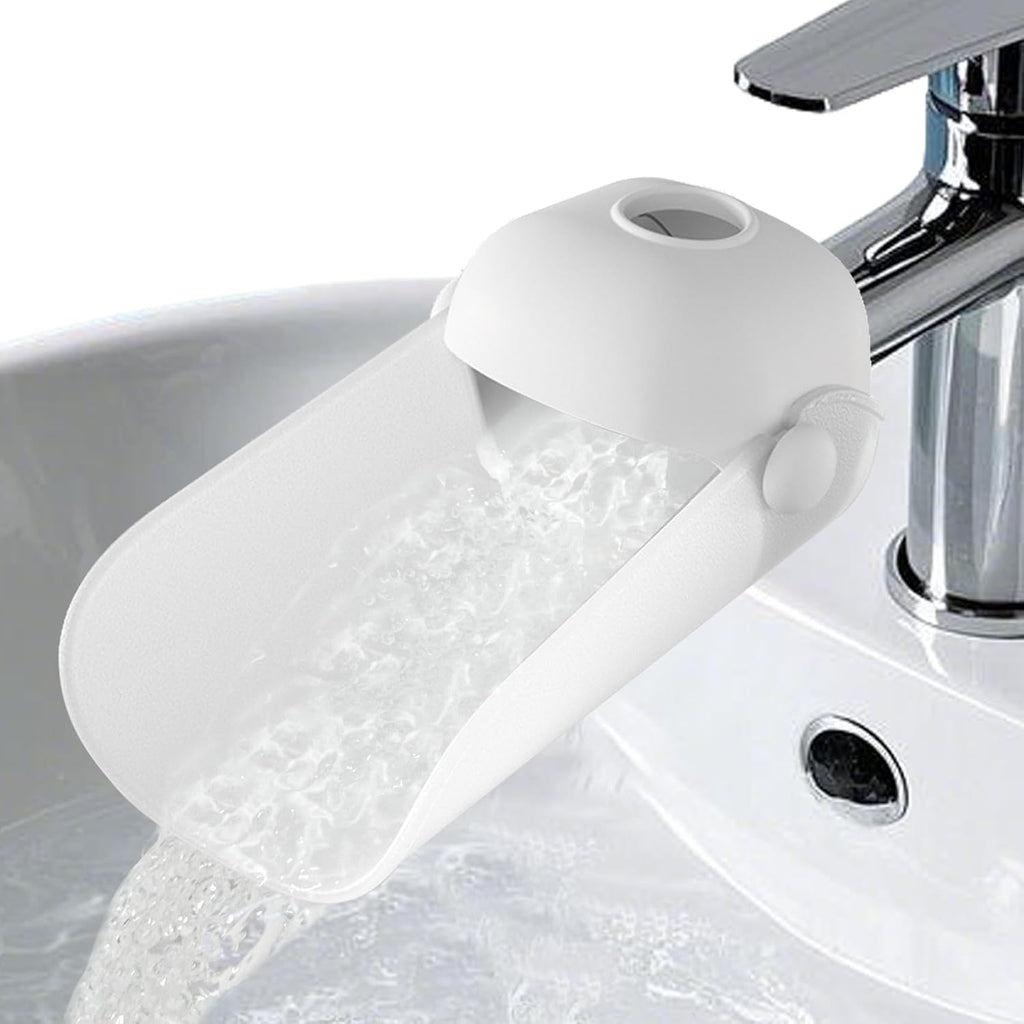 Xinhuju KOMIDK faucet extender front view showing grey silicone water tap extension for toddler hand washing safety
