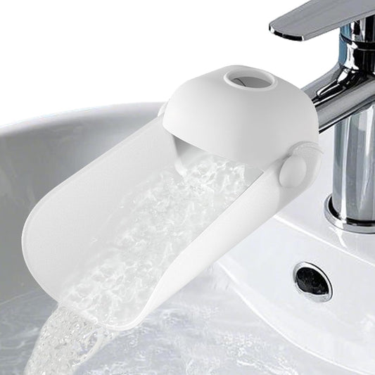 Xinhuju KOMIDK faucet extender front view showing grey silicone water tap extension for toddler hand washing safety