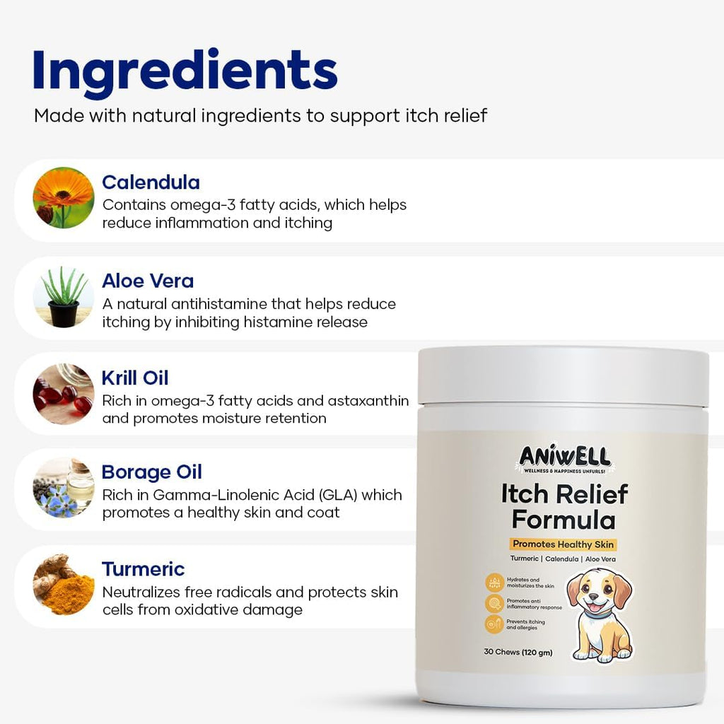 Dog allergy supplement container featuring borage oil, omega 3, and vitamin e ingredients for skin health.