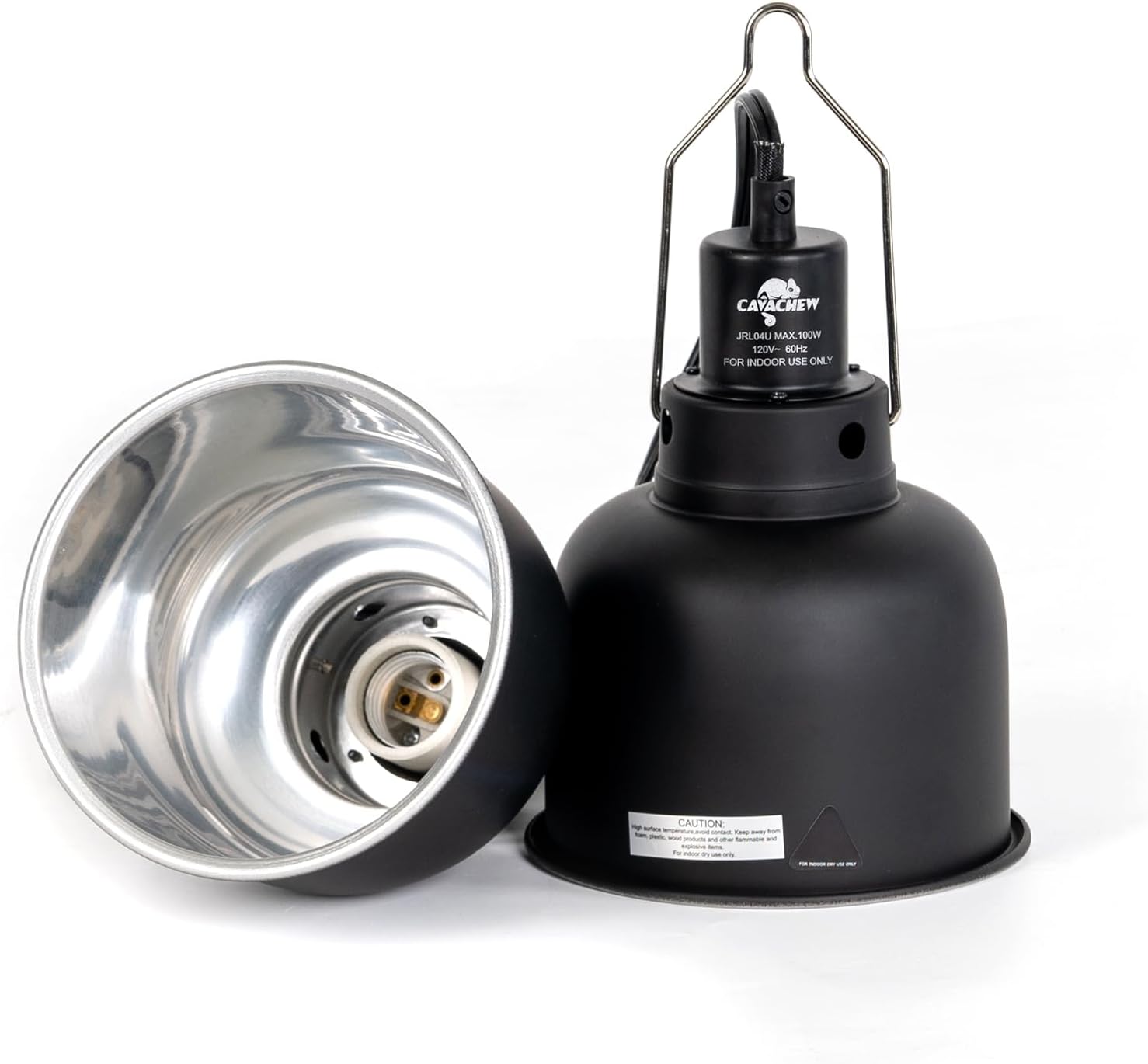 Polished aluminum reflection cover interior view of the deep dome reptile lamp.