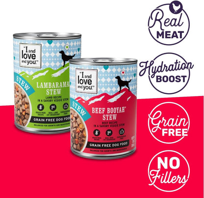 I and love and you Naked Essentials Beef Booyah Stew canned dog food nutritional details