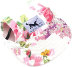 Dog wearing floral harikaji baseball cap with ear holes
