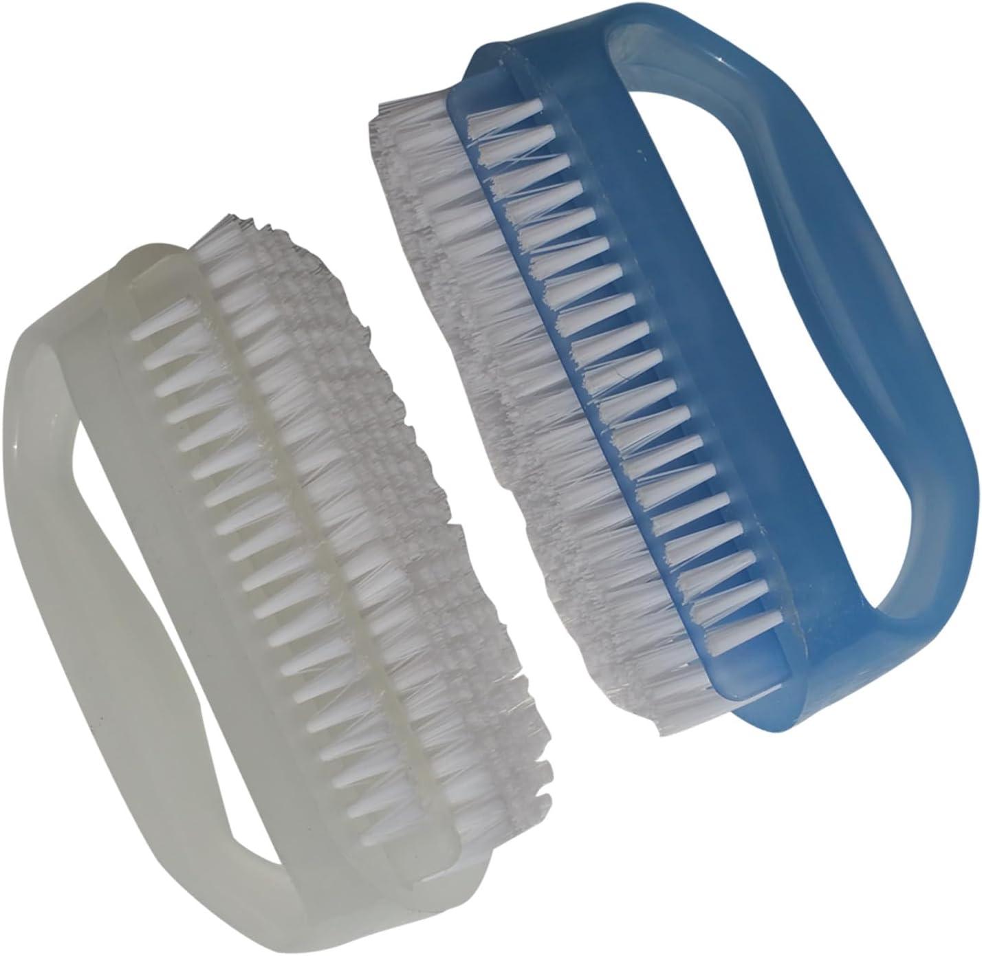 Coralpearl nail brushes front view showing blue and clear plastic handles with white nylon bristles