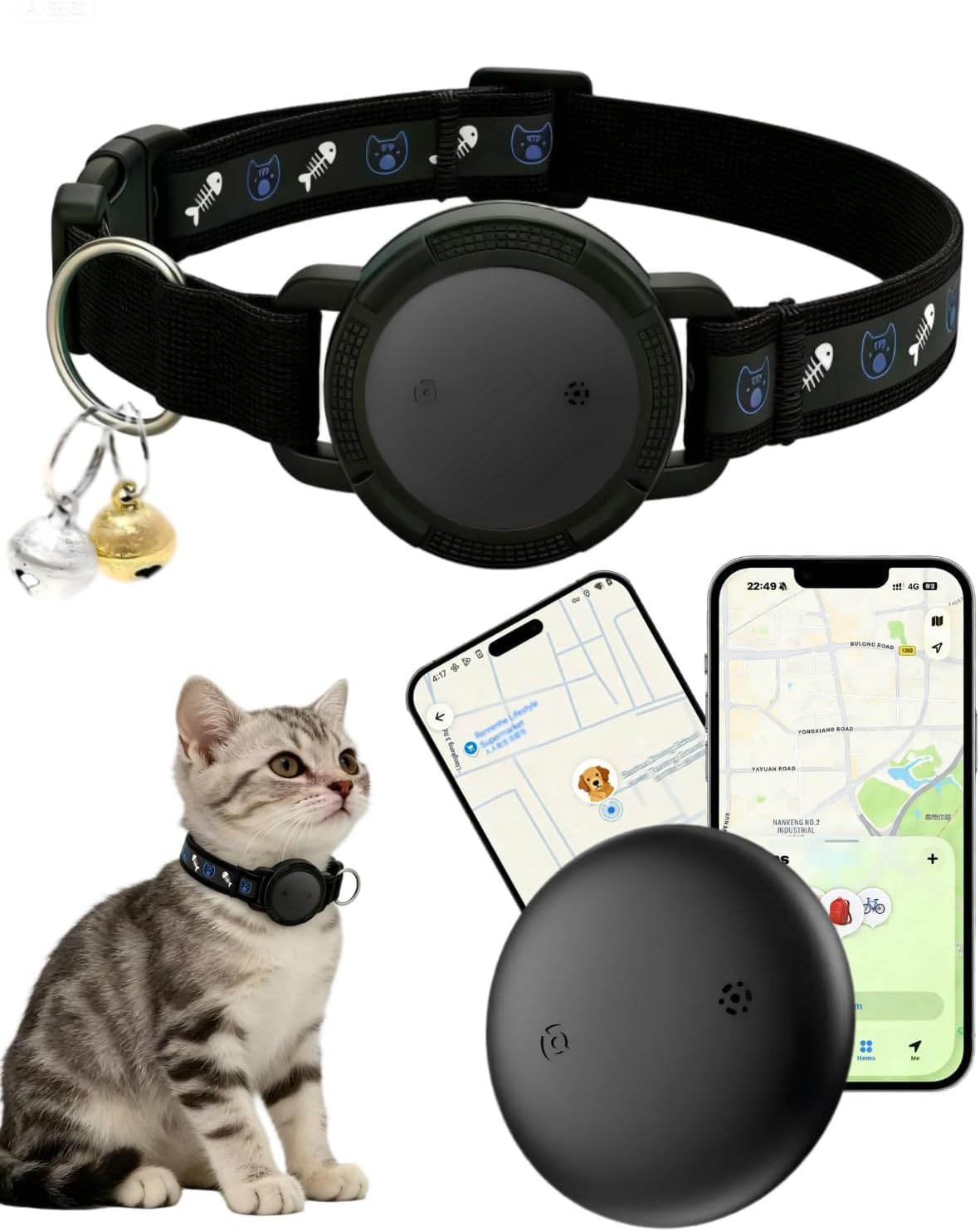 Syslytic GPS tracker cat collar front view showing the black fish bone pattern