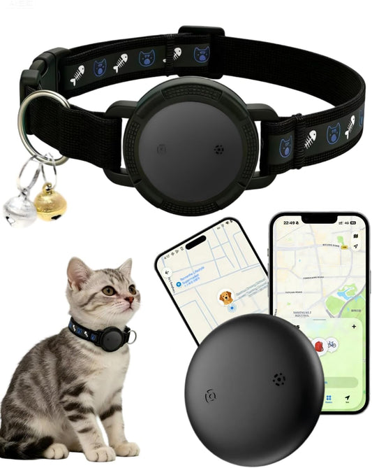 Syslytic GPS tracker cat collar front view showing the black fish bone pattern