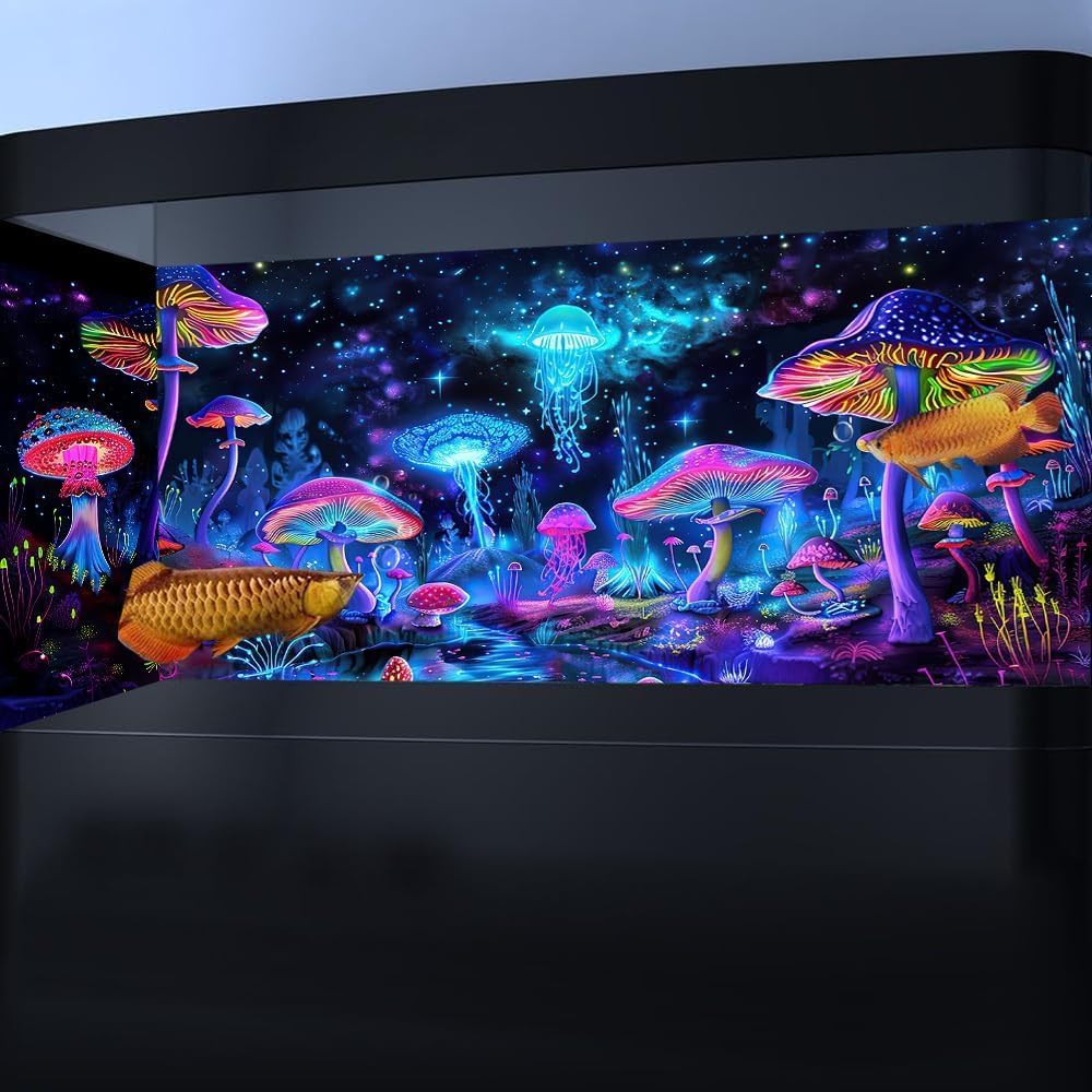 Dtekoj UV reactive starry sky terrarium background showcasing neon mushrooms and floating jellyfish.