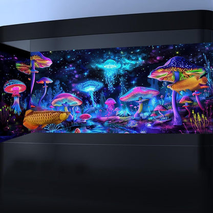 Dtekoj UV reactive starry sky terrarium background showcasing neon mushrooms and floating jellyfish.