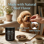 Close up view of the beef flavored soft chewable tablets for pet skin and coat health