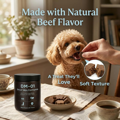 Close up view of the beef flavored soft chewable tablets for pet skin and coat health
