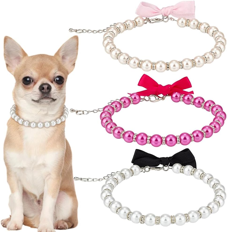 PAIDEFUL MAYJOYDIY 3 Pack Pearl Bow Dog Cat Collar front view showcasing red white and pink options
