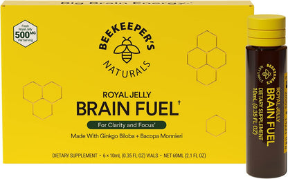 Beekeeper's Naturals B.LXR Brain Fuel front box view showcasing six liquid vials for natural memory support