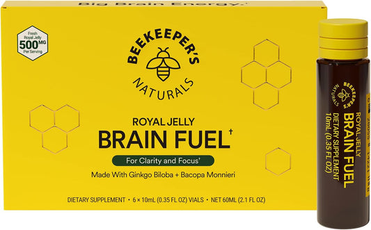 Beekeeper's Naturals B.LXR Brain Fuel front box view showcasing six liquid vials for natural memory support