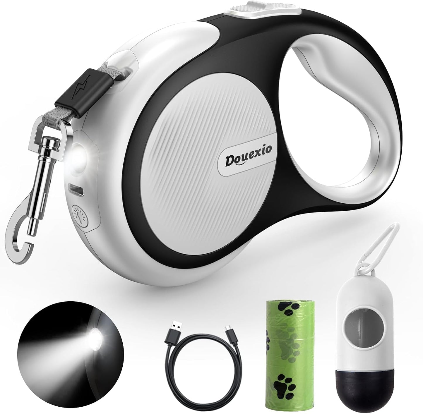 Retractable Dog Leash with LED Flashlight, Douexio Upgrade 3 in 1 Dog Leash Retractable for Small Medium Dogs Up to 66 lbs, 16ft, Anti-Slip Handle (Black-White) - Image 9