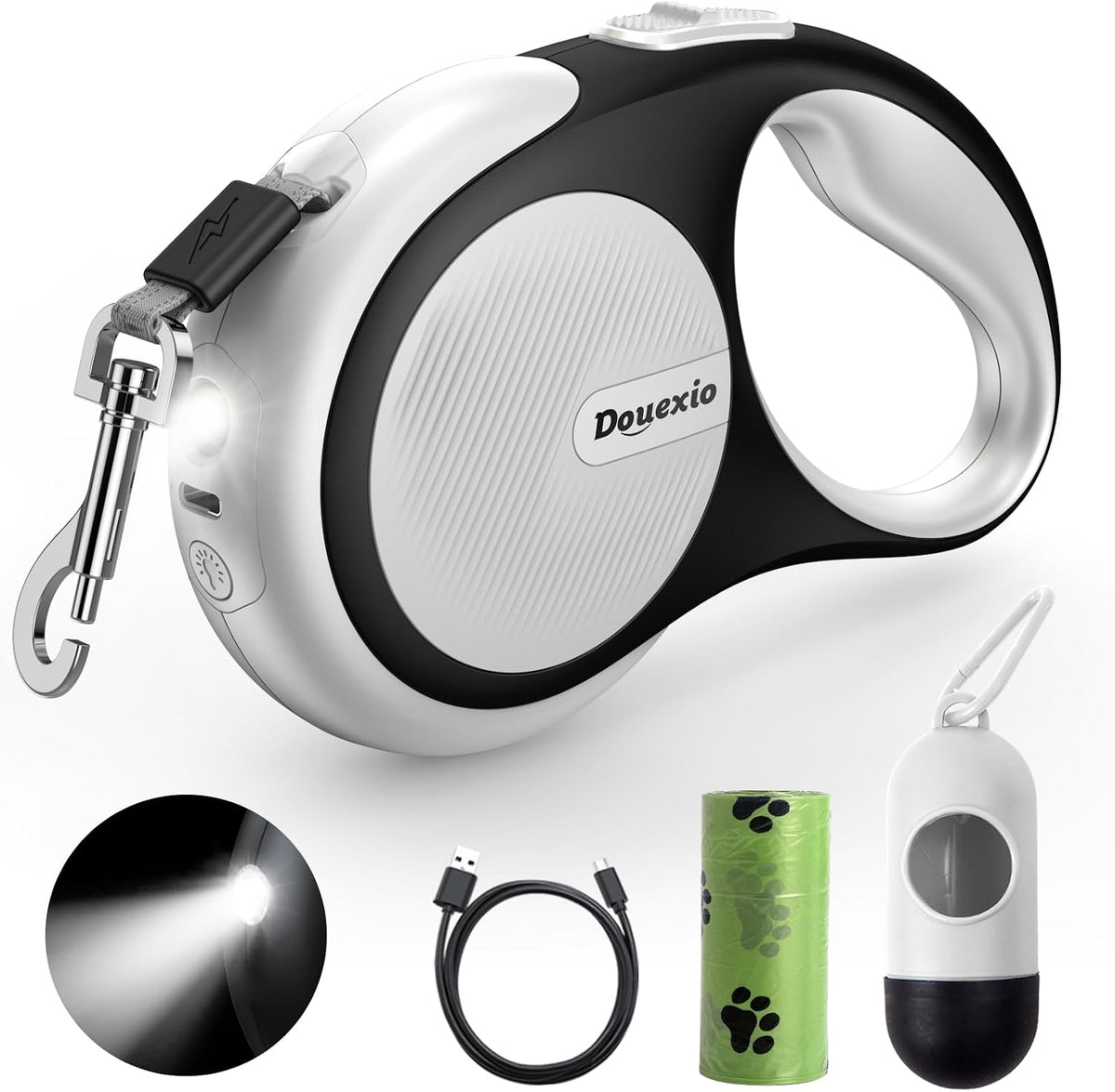 Retractable Dog Leash with LED Flashlight, Douexio Upgrade 3 in 1 Dog Leash Retractable for Small Medium Dogs Up to 66 lbs, 16ft, Anti-Slip Handle (Black-White) - Image 9