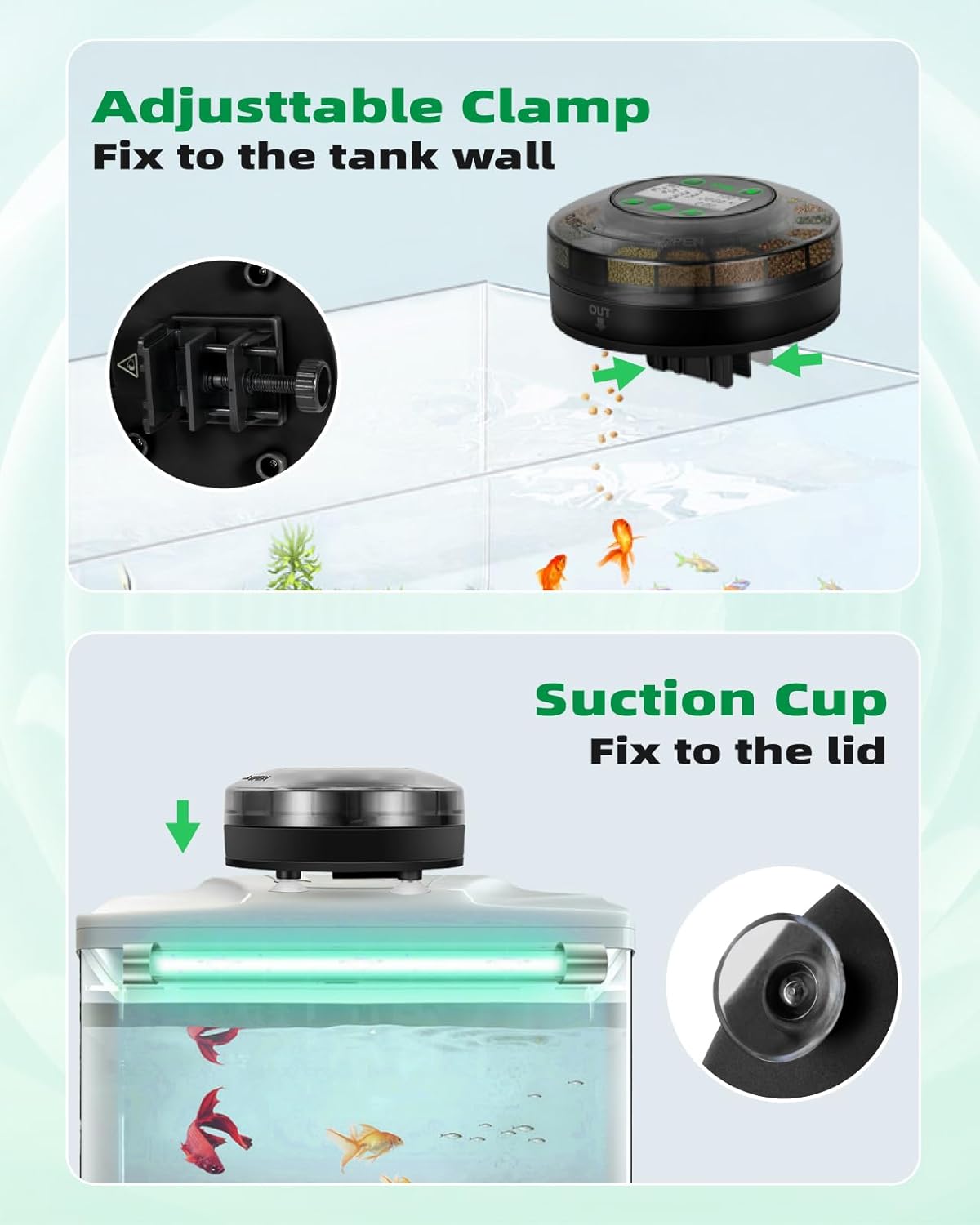 Side view of the compact circular automatic fish feeder unit