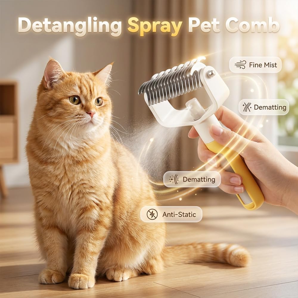 Dual sided pet dematting comb with spray function highlighting the dual rake design for long hair cats.