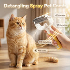 Dual sided pet dematting comb with spray function highlighting the dual rake design for long hair cats.