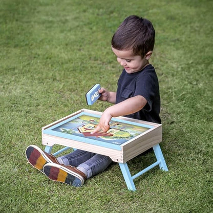 Eco friendly wooden packaging layout of the genuine USA imported Bluey art center product.