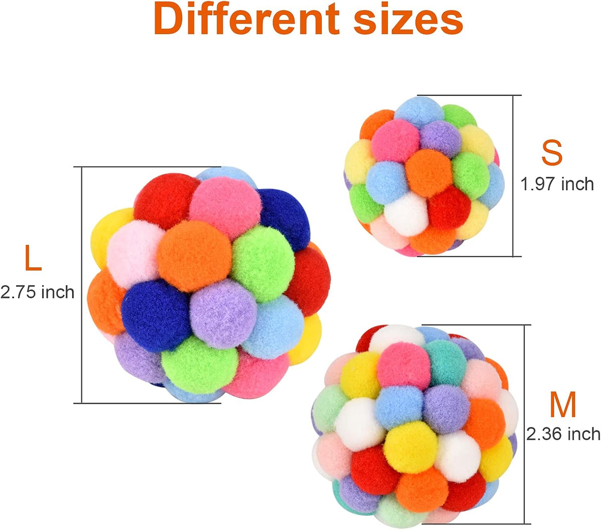 Soft and elastic faux fluff interactive pet toys in small, medium, and large sizes.