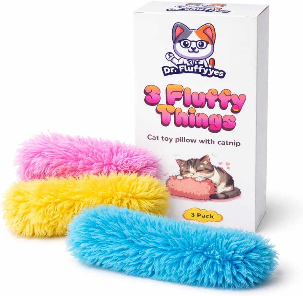 Dr. Fluffyyes 3 Fluffy Things Cat Toy Pillows in front view showing the 3-pack packaging