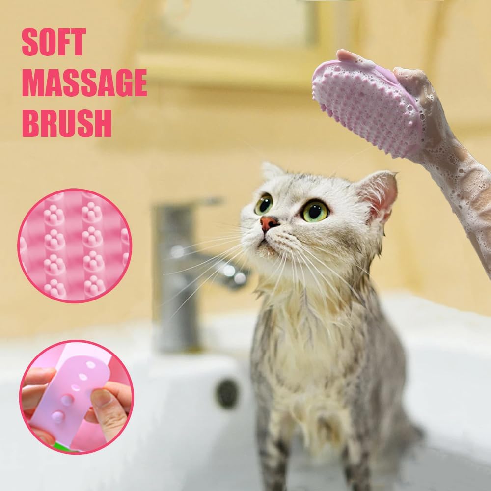 KittuPet pink and grey non slip rubber handle grooming brush grip view