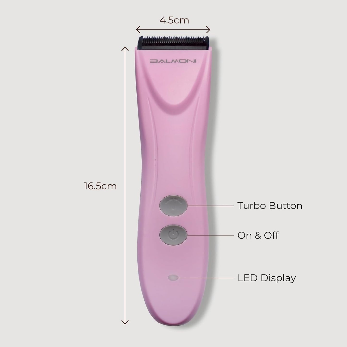 Side view of the professional Balmoni low noise electric trimmer for sensitive pet grooming.