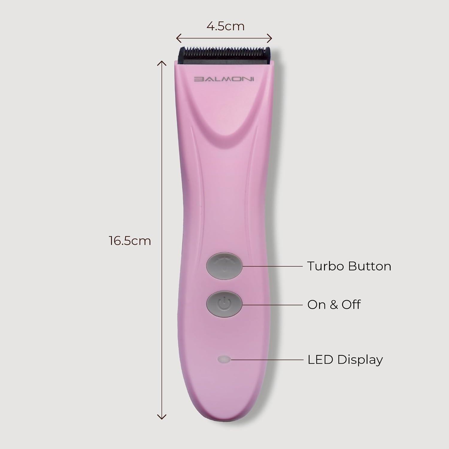 Side view of the professional Balmoni low noise electric trimmer for sensitive pet grooming.