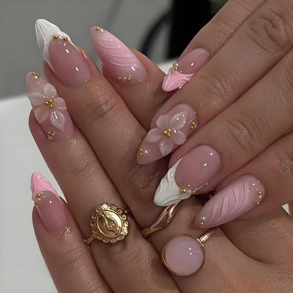 Lpooddnu 3D pink almond French tip press on nails front view