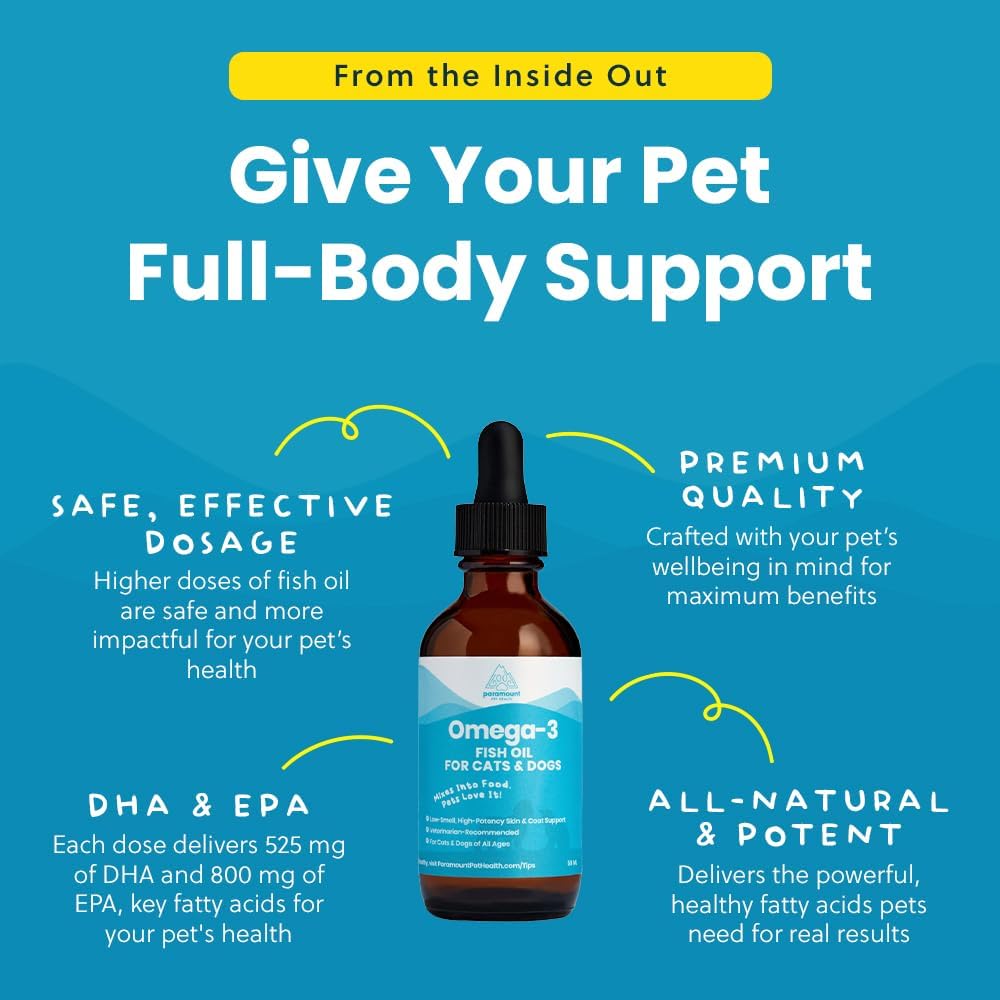 Low odor Omega 3 drops being added to dog food bowl