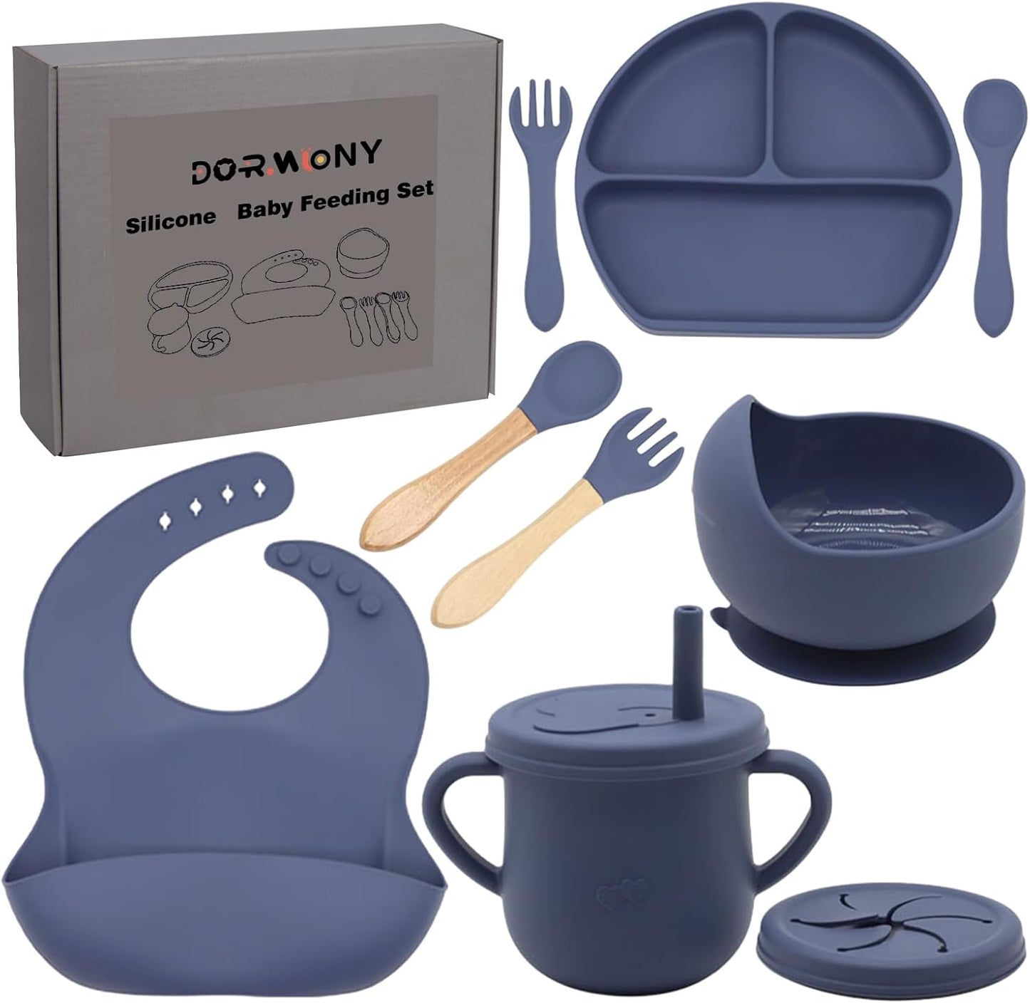 Dormlony silicone baby feeding set navy blue front view
