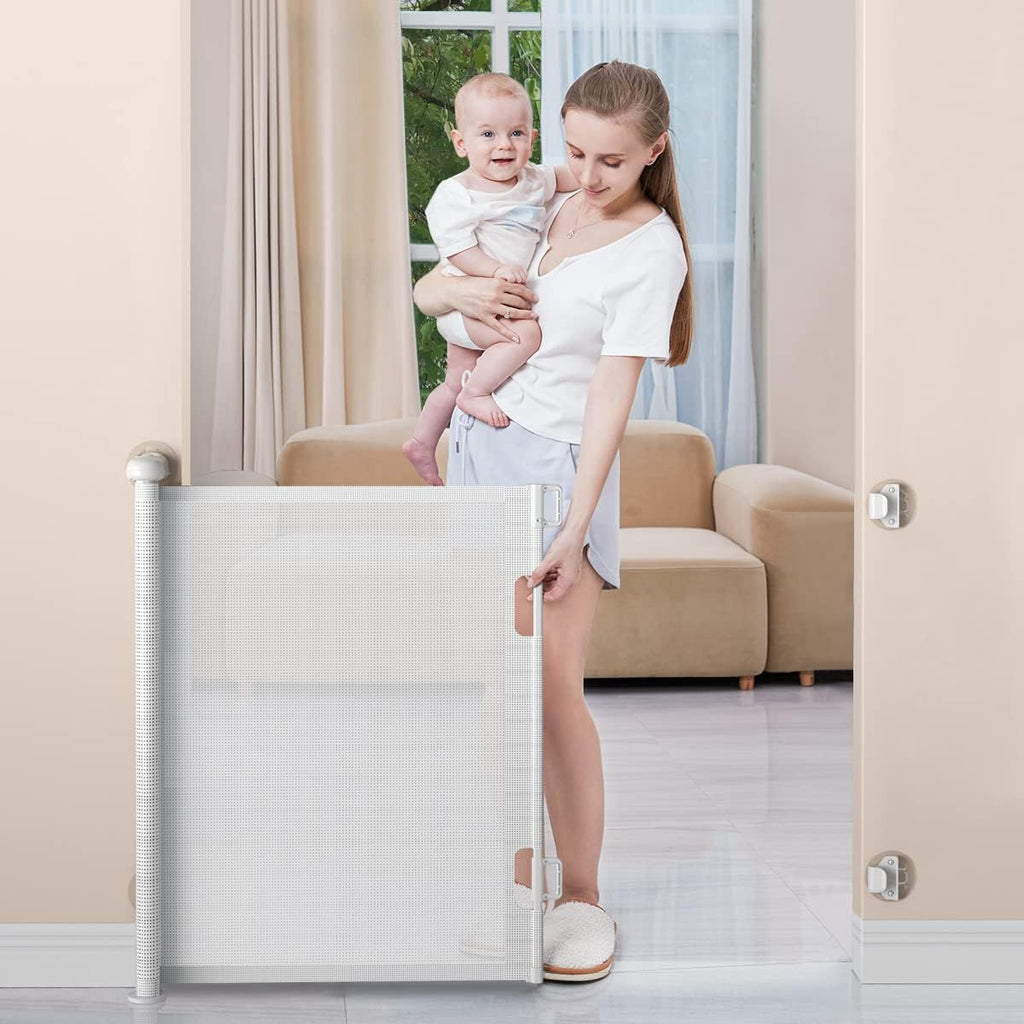 BabyBond retractable baby gate front view installed in a white hallway doorway.