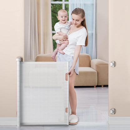 BabyBond retractable baby gate front view installed in a white hallway doorway.