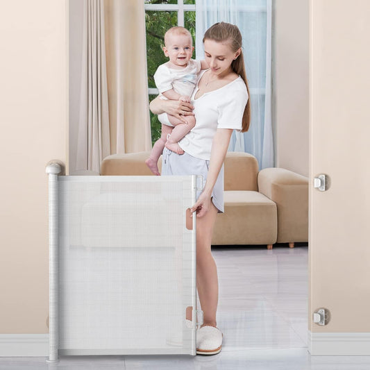 BabyBond retractable baby gate front view installed in a white hallway doorway.