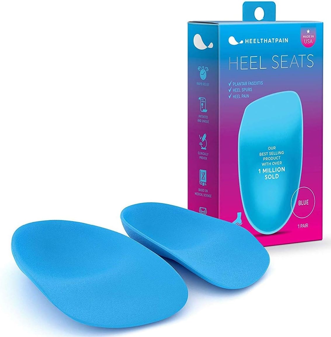 Heel That Pain Heel Seats blue firm rubber insoles front view for plantar fasciitis relief.