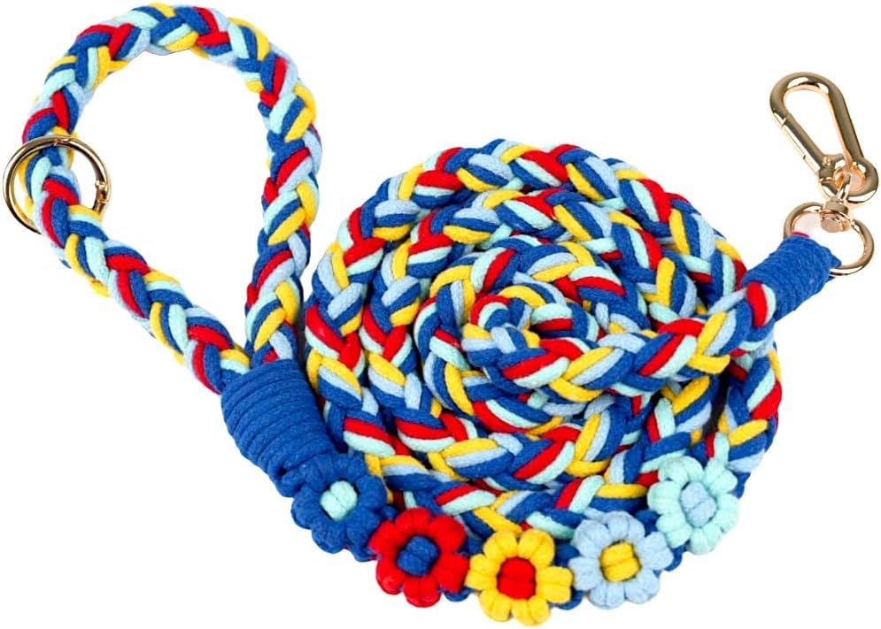 Handmade 5ft Braided Cotton Dog Leash with Unique Floral Handle, Durable and Stylish, Ideal for Small to Large Dogs,Rainbow Mix - Image 9