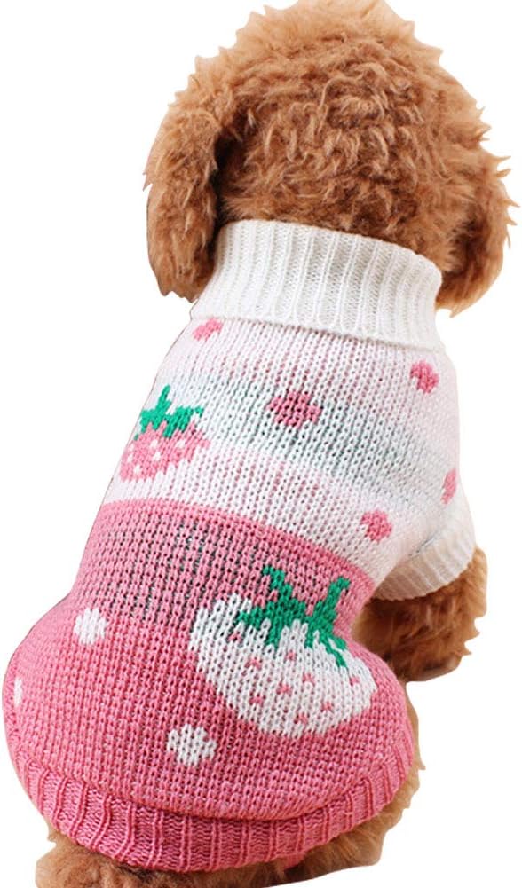 CHBORCHICEN pet dog sweater front view featuring pink strawberry and heart knitwear pattern.