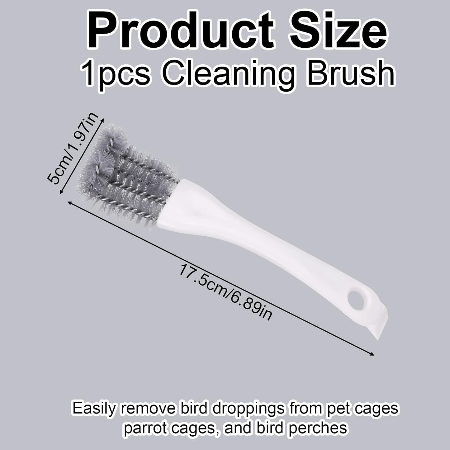 Ergonomic long handle bird cage scraper tool being used on wire parrot enclosure
