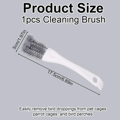 Ergonomic long handle bird cage scraper tool being used on wire parrot enclosure