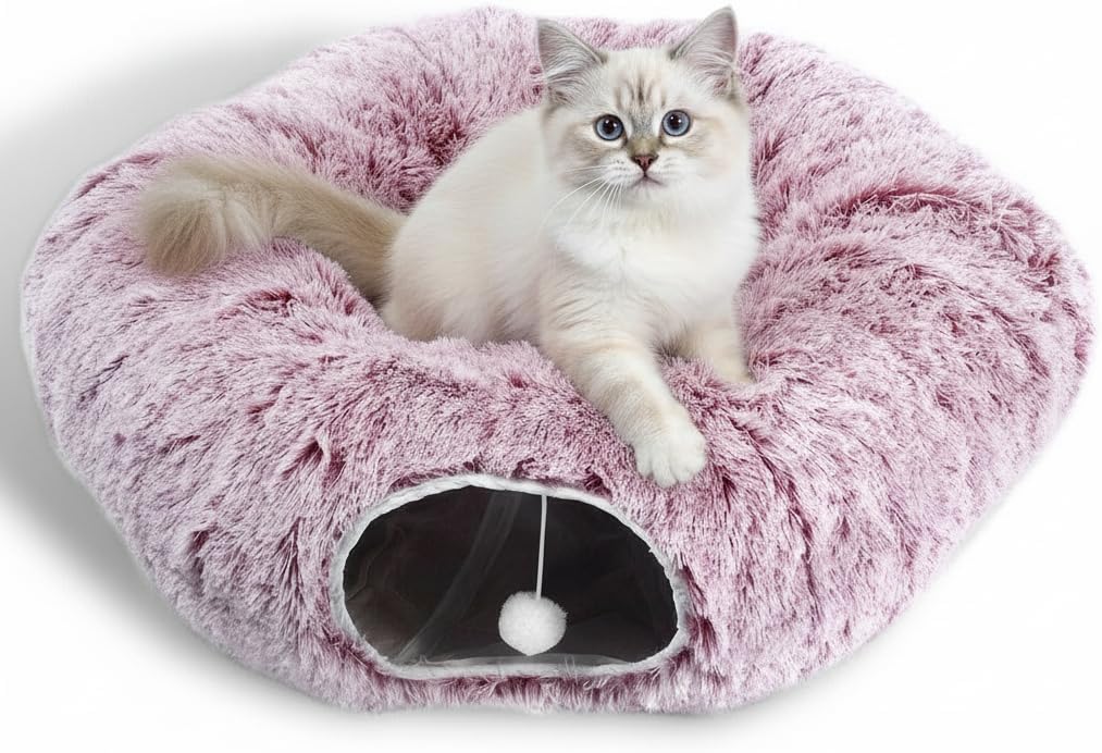AUOON Cat Tunnel Bed for Indoor Cats - Large Cat Donut Tunnel with Hanging Ball Toy, Collapsible 2-in-1 Multifunctional Interactive Cat Toy for Kitten, Puppy, Rabbit, Ferret (Light Grey) - Image 14