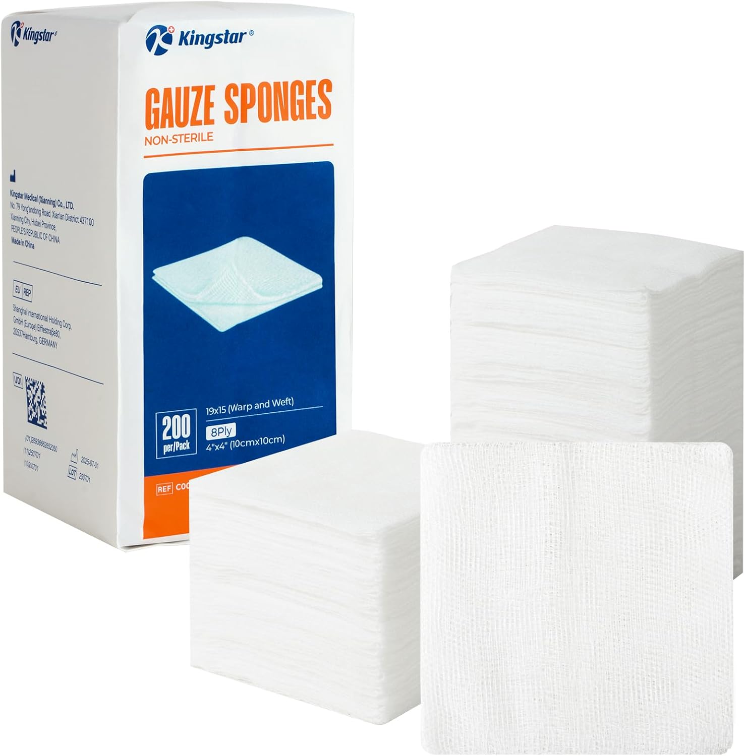 K Kingstar Cotton Gauze Sponges front view of the bulk product packaging for wound care.