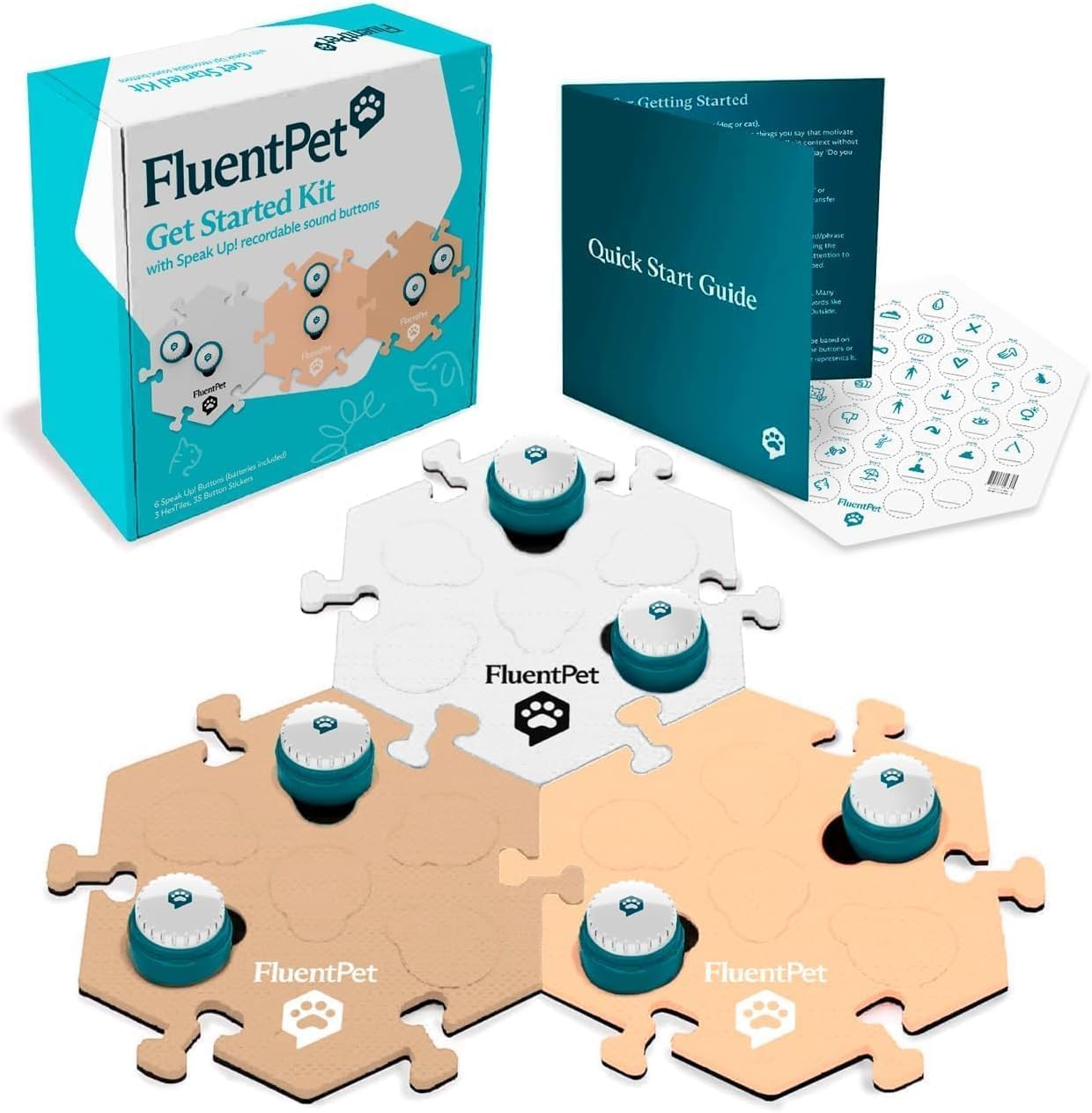 The complete packaging contents of the authentic USA imported FluentPet Speak Up kit.