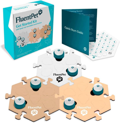 The complete packaging contents of the authentic USA imported FluentPet Speak Up kit.