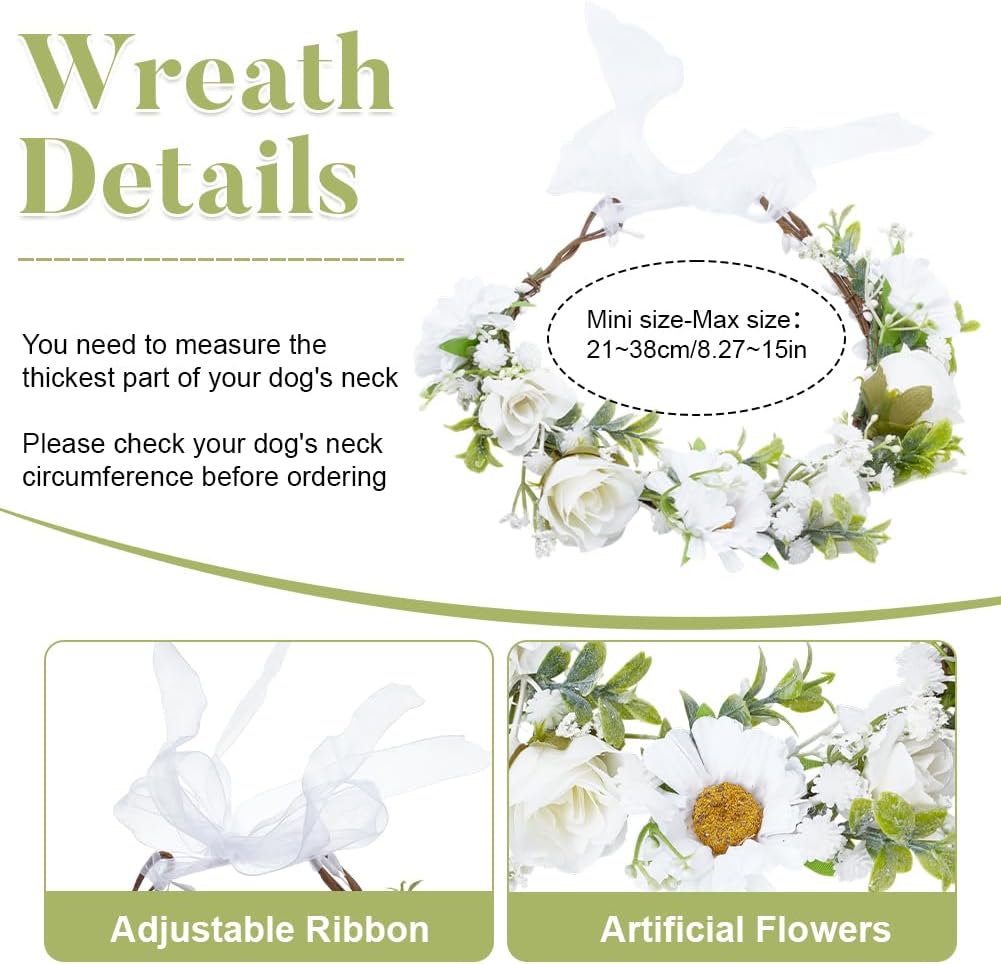 Handmade white floral crown pet headband with adjustable ribbon closure close up view