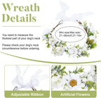 Handmade white floral crown pet headband with adjustable ribbon closure close up view