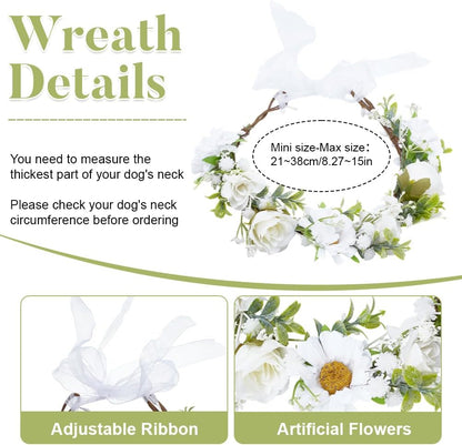 Handmade white floral crown pet headband with adjustable ribbon closure close up view