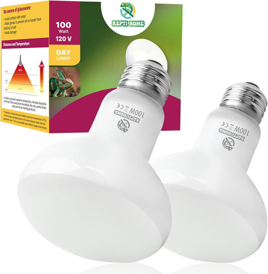 REPTI HOME reptile heat lamp bulbs front view package of two one hundred watt terrarium basking lights.