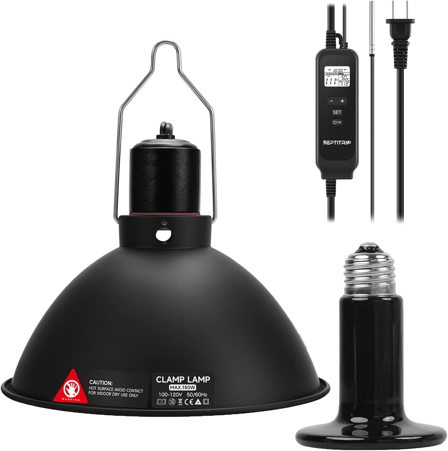 Reptitrip reptile heat lamp fixture front view with integrated thermostat controller.