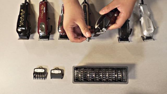 Professional hair clipper accessories in organized display
